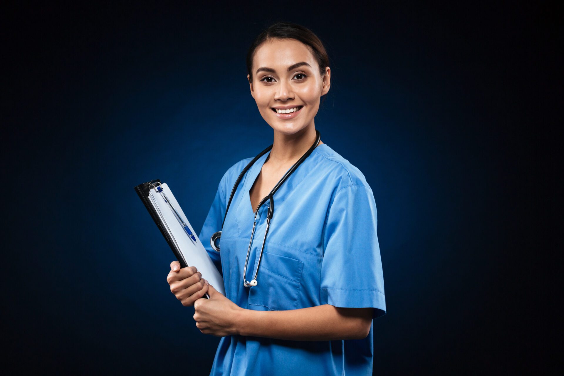 Happy lady wih folder looking camera isolated